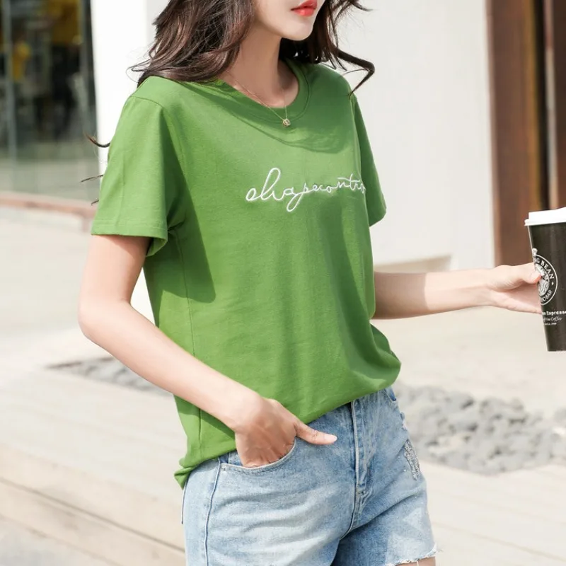여성용 라운드넥 풀오버, 단색 레터 인쇄, 반팔 티셔츠, 캐주얼 패션, 대형 오피스 레이디, 우아한 상의, 여름