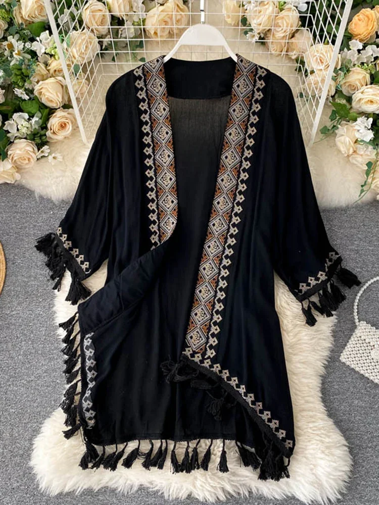 Summer Bohemian Pareo Beach Cover Up Kimono Women Long Fashion Embroidery Poncho Cardigan Tassel Shirt U331