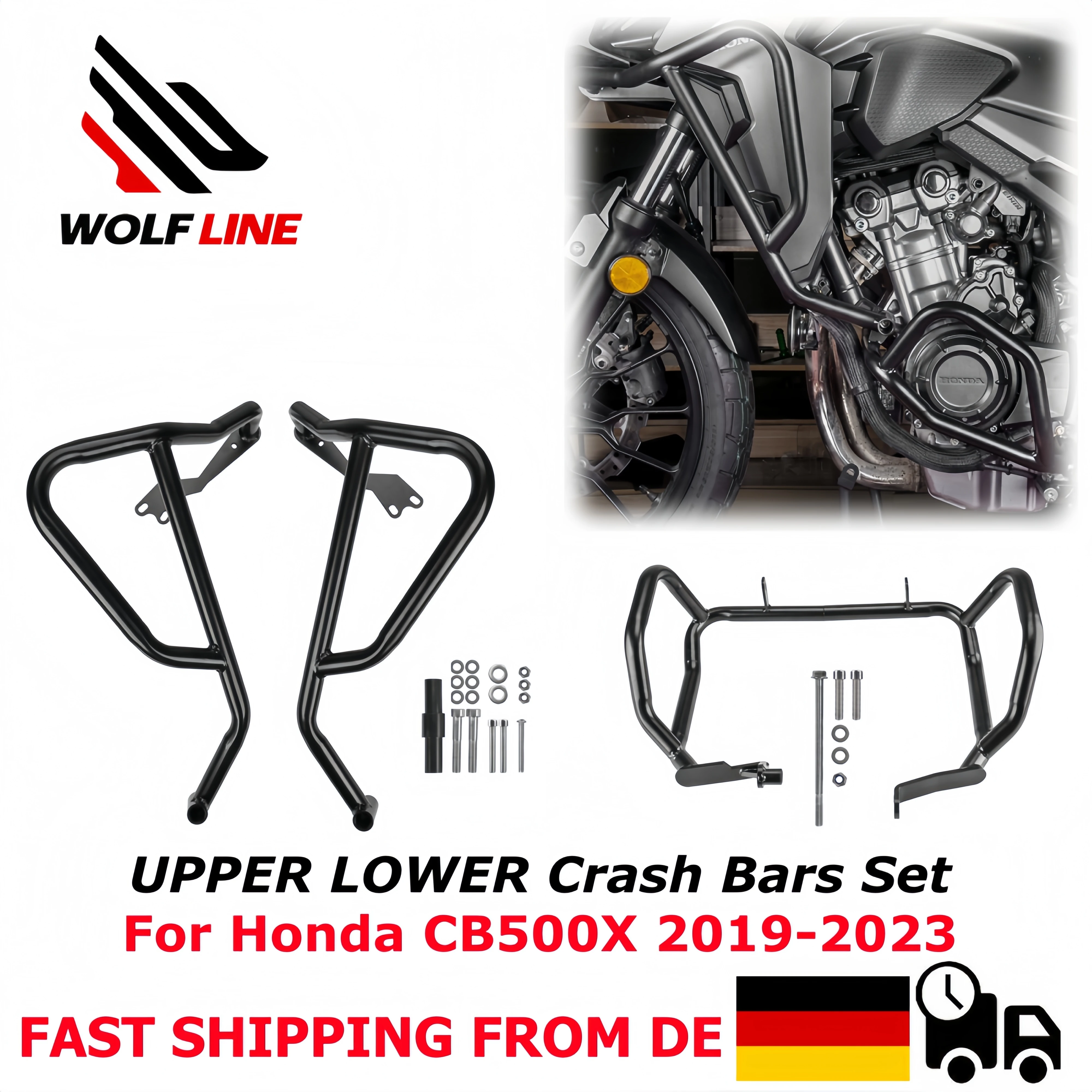 WOLFLINE Set di Barre Antiurto Superiori e Inferiori per Honda CB500X 2019-2023, Protezione Telaio per CB 500X