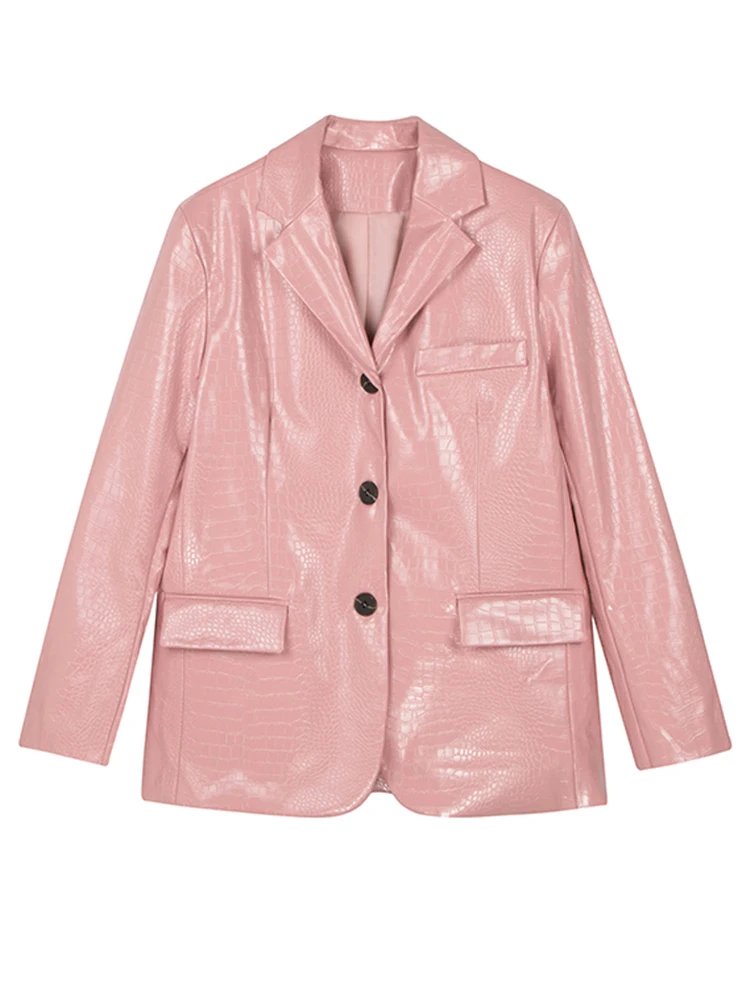 Lautaro – Blazers femininos de couro PU com estampa de crocodilo, jaqueta de peito único, reflexivo brilhante, preto, rosa, primavera, moda