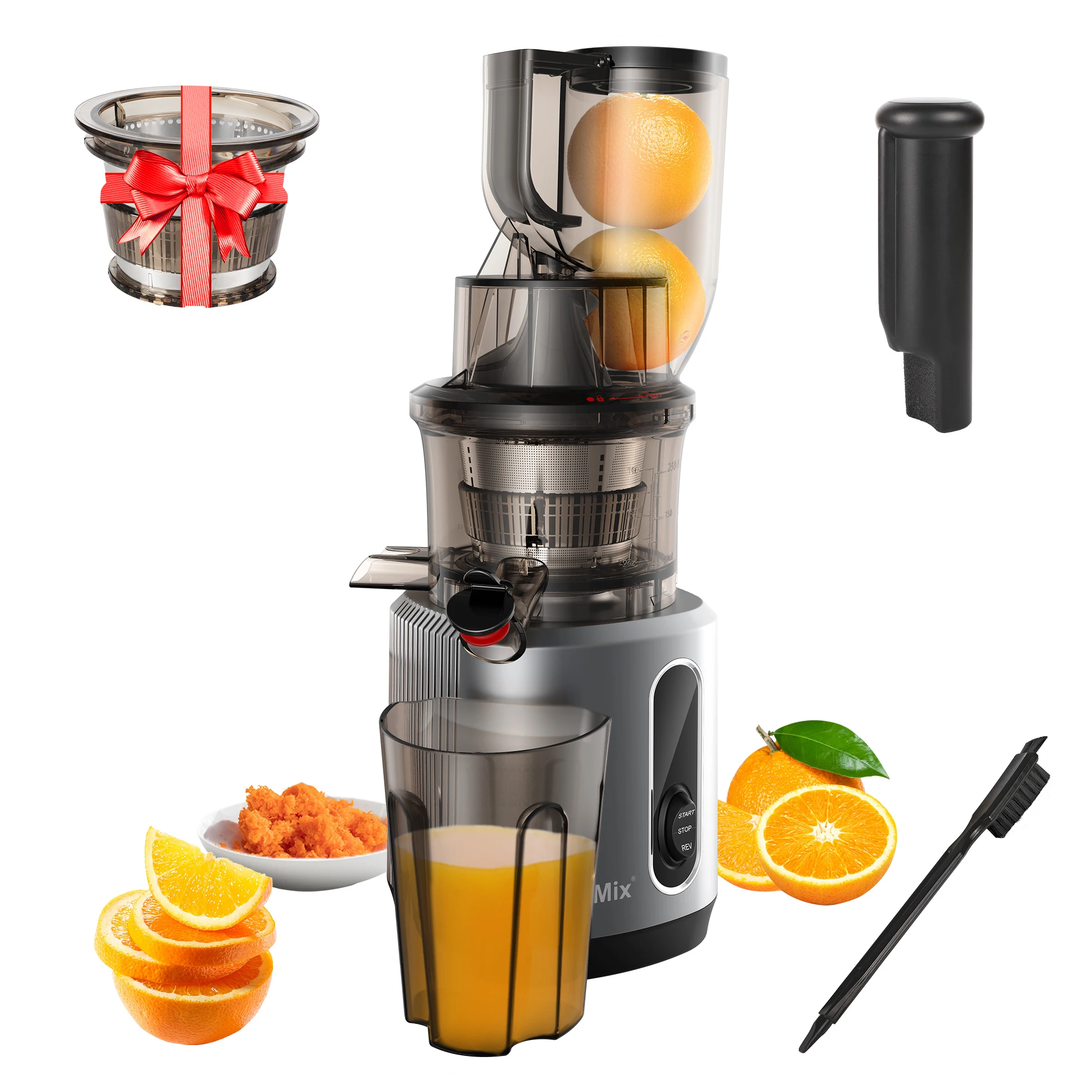 Cold Press Juicer with 75mm Feed Chute, 200W 40-65RPM Powerful Motor Slow Masticating Juice Extractor Fits Whole Fruits