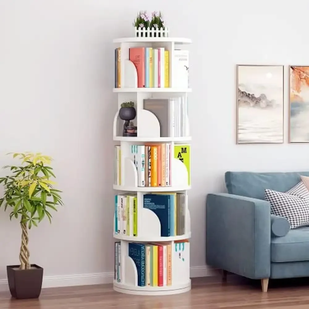 5-Tier Rotating Bookcase Organizer Floor-Standing Display Rack Books & Decor 360° Rotation PVC Foam Board Construction Easy