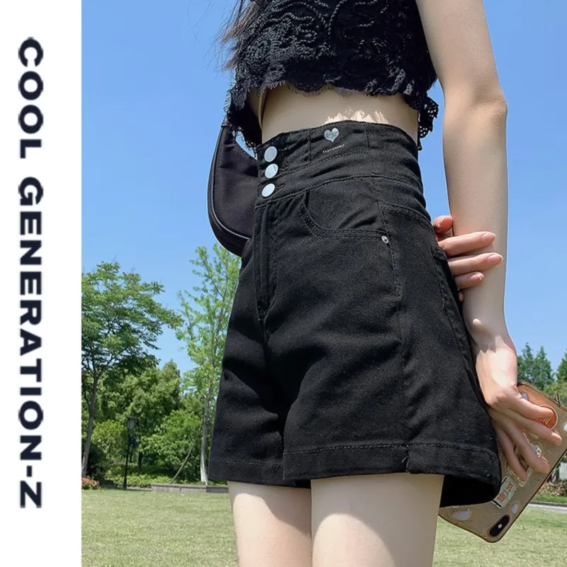 Design Fashion Denim Short Jeans Women Tthree Button Ladies Sexy Summer Thin Retro Women\'s High Waist Loose Short Pants Stretch