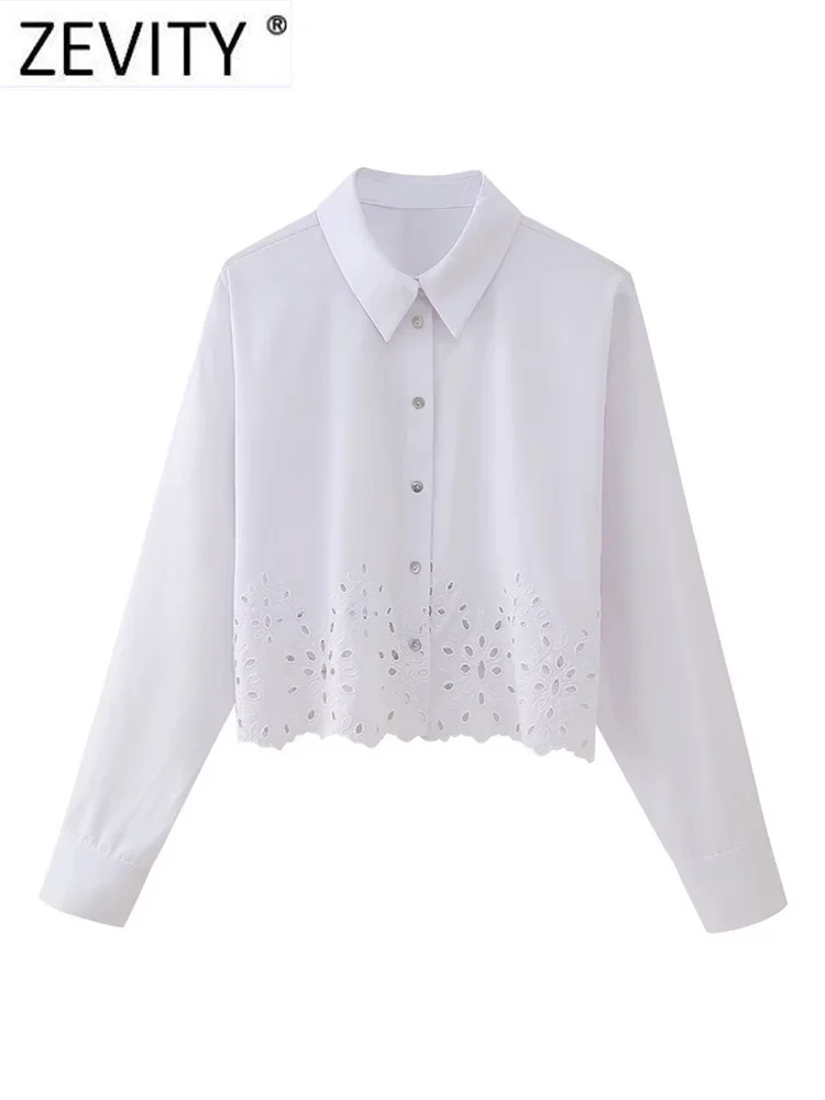 Zevity Women Fashion Hem Hollow Out Embroidery White Color Short Blouse Office Lady Buttons Shirt Chic Chemise Blusas Tops LS270