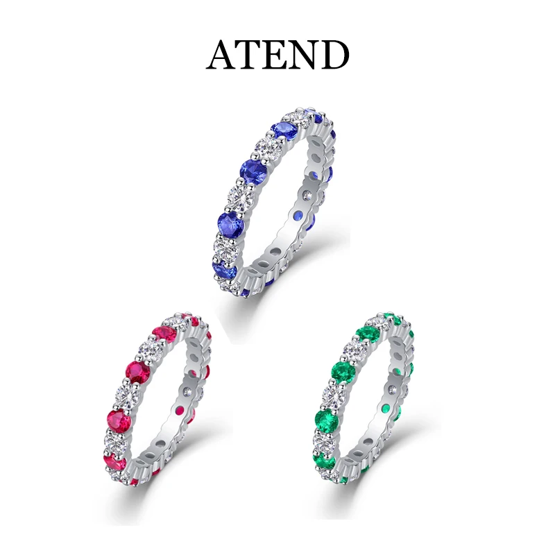 

ATEND 925 Sterling Silver 3mm Moissanite Ring 18k White Gold Plated Colorful Gemstone Wedding Band for Women Luxury Jewelry Gift
