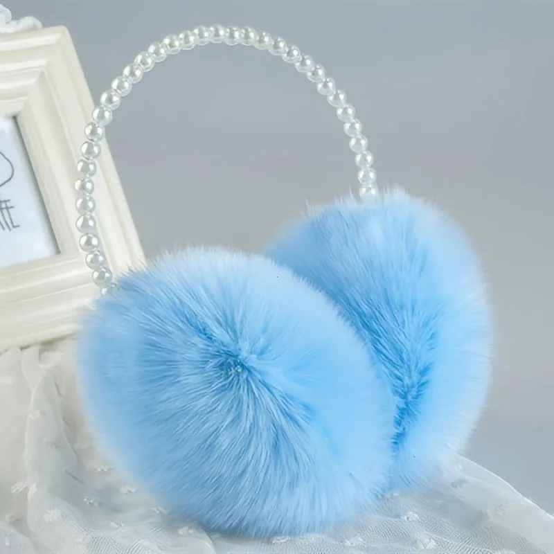 Faux Pearl Hoop Plush Headband Elegant Solid Color Fluffy Earmuffs Thick Coldproof Ear Warmer For Women Girls