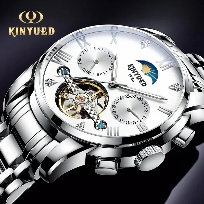 KINYUED Men\'s Automatic Movement Watch Luxury Stainless Steel Man Watch Moon Phase Tourbillon Dial Clock Luminous Watch for Men