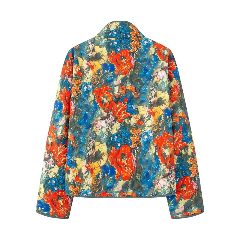 KEYANKETIAN 2026 Vintage Artistic Floral Quilted Jacket Women Stand Collar Oil Painting Print Snap Button Light Padded Outerwear