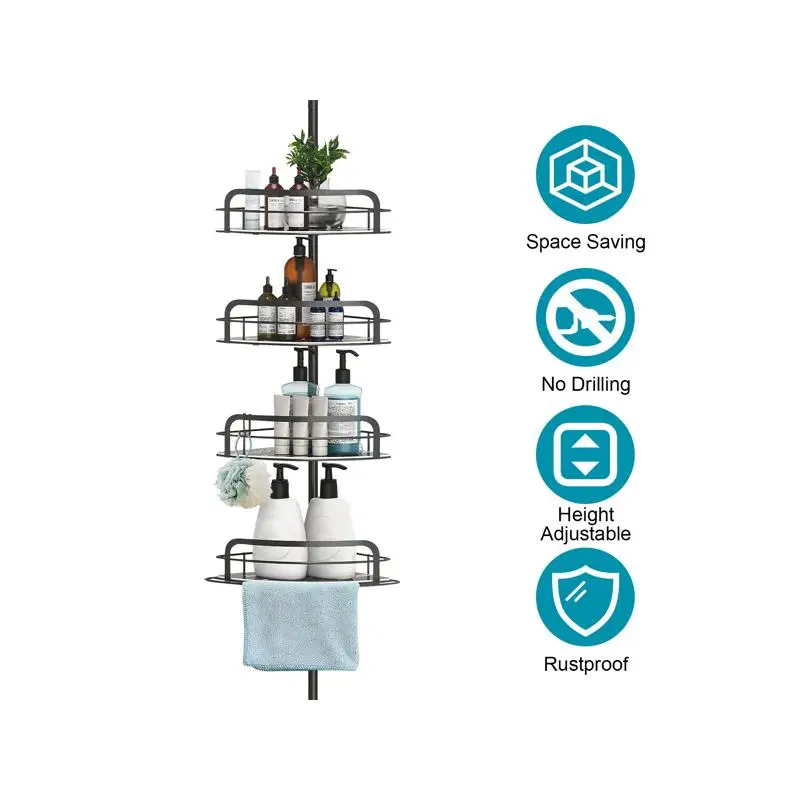 

Регулируемая угловая натяжная стойка для душевой кабины, быстрая установка, нержавеющий органайзер для ванны, 4-уровневое хранилище для шампуня, без дрели,