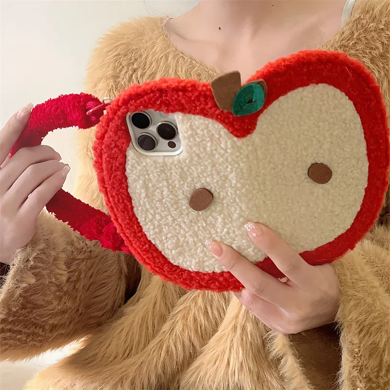 

Cute Apple Fluffy Fuzzy Plush Fur Case For 16 Pro Max Flip phone Crossbody Case for iphone 17 15 14 13 pro max 15promax Girl