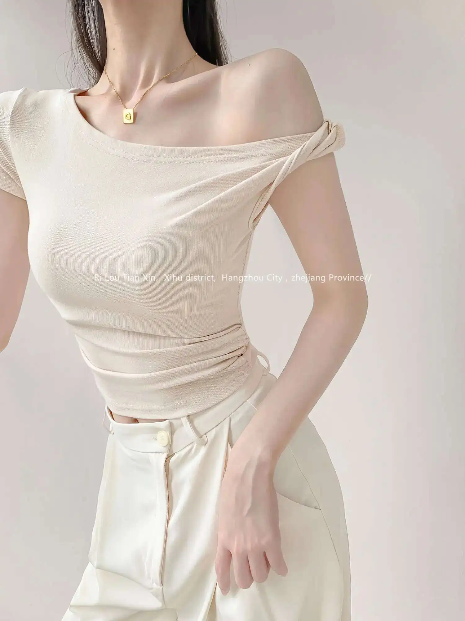 

European American Style Slanted Collar Off Shoulder Short Sleeve T-shirt Summer Sexy Spicy Girl Slim Solid Asymmetrical Top GI5N