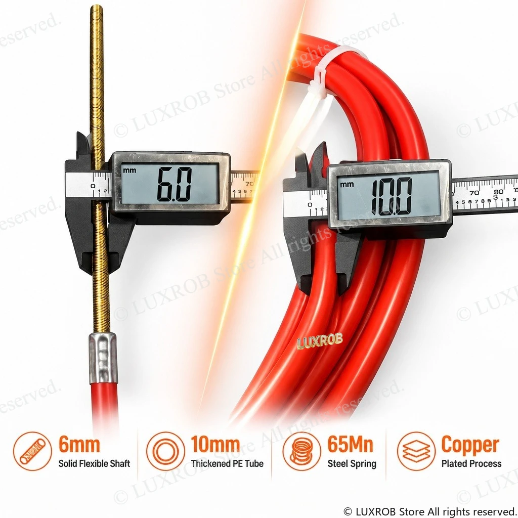 6mm Solid Flexible Shaft Sewer Snake, 65Mn Drain Auger with Drill Adapter, Multi Heads Pipe Cleaner for Sink & Bathroom Clog