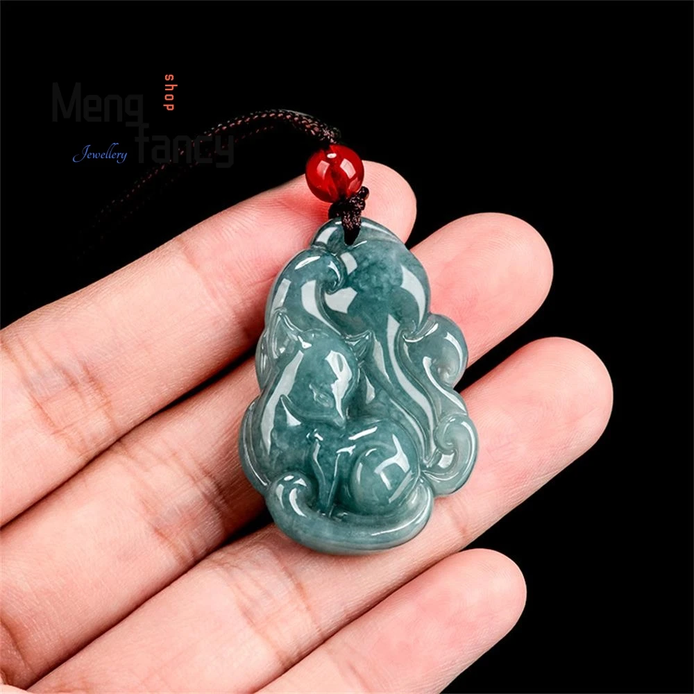 Genuine Natural A-goods Jadeite Blue Water Nine-tailed Fox Pendant Exquisite Mascots Luxury Quality Fashion Jewelry Holiday Gift - Image 2