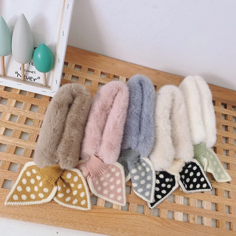 Fashion Children Girl Artificial Leather Winter Sweet  Scarf  Plush Polka Dot Kids Korean Girl Knit Scarf 2022 For Baby