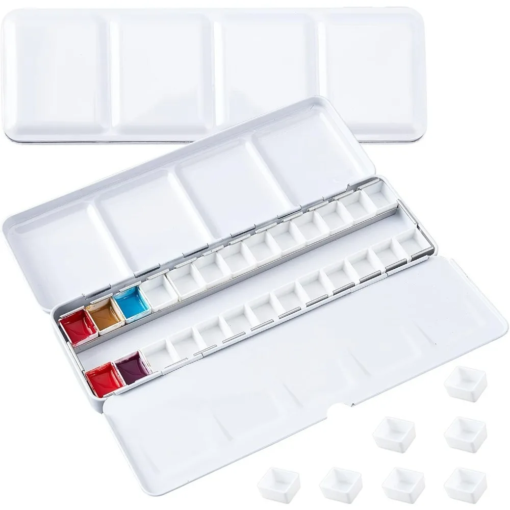 Paint Palette Box with Lid White Paint Case with 24pcs Half-Pans Empty Watercolor Tin Palette Travel Metal Paint Box 8.6x2.8”