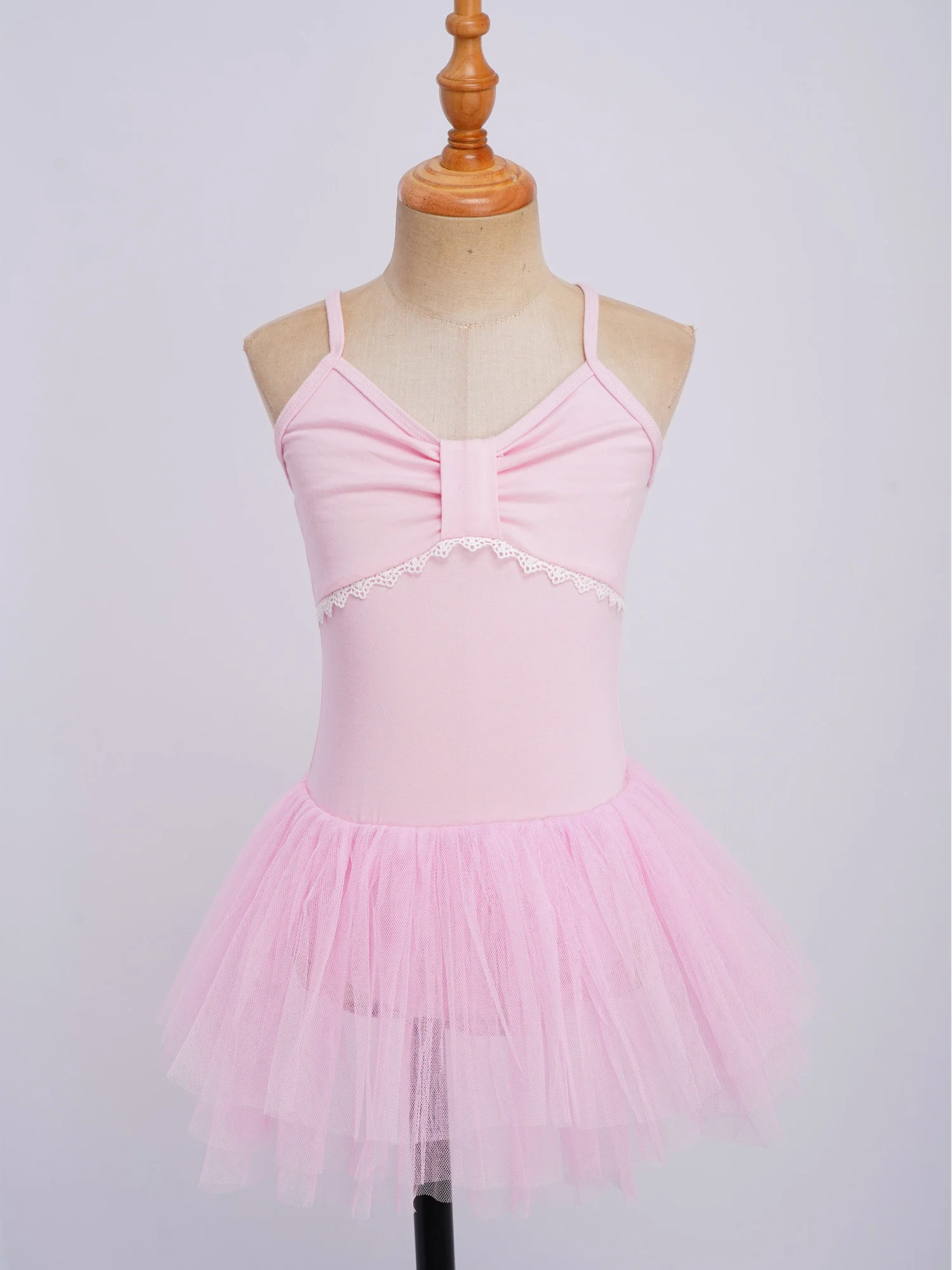 Kids Girls Ballet Dance Dress Spaghetti Straps Ruched Lace Trim Bodice Tulle Dress for Ballerina Practice Performance Outfits