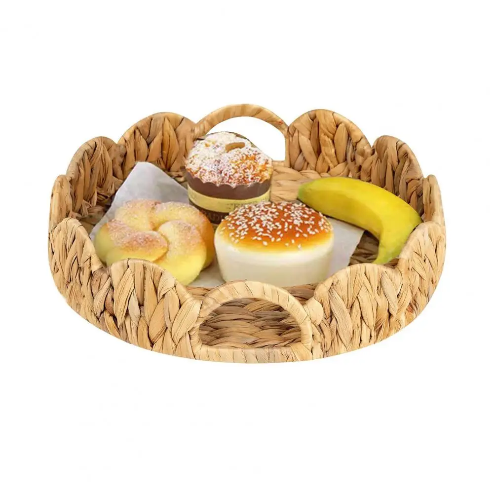 Bandeja redonda de mimbre con asas para decoración del hogar, cesta de servicio de algas marinas para habitación, solución de almacenamiento de diseño moderno