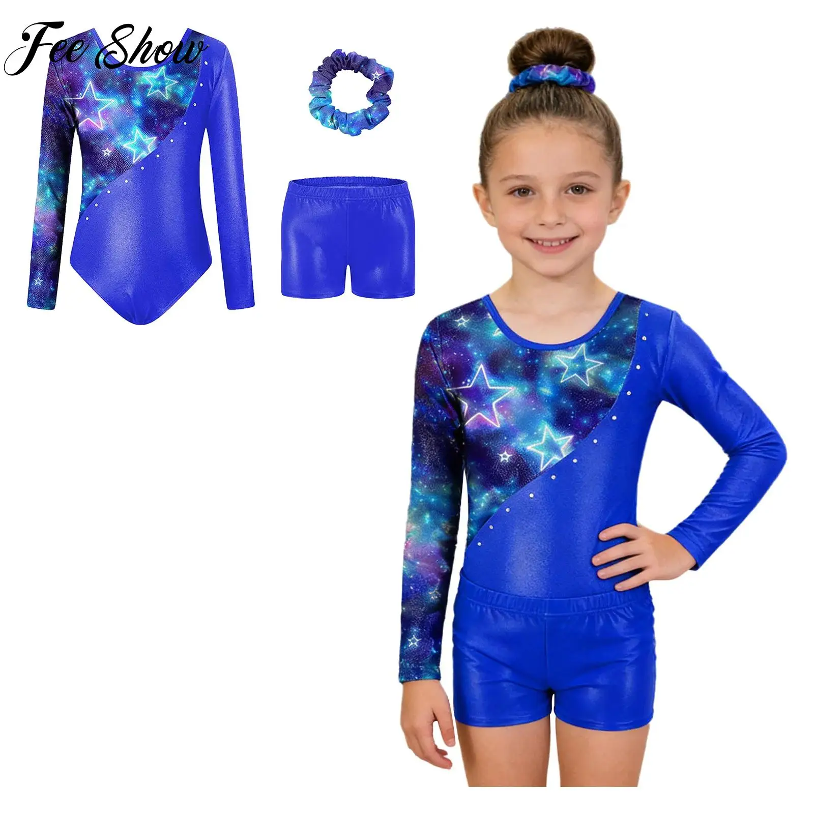 

3Pcs Kids Girls Metallic Gymnastics Leotards Long Sleeved Athletic Figure Skating Ballet Dance Performance Competition Costumes