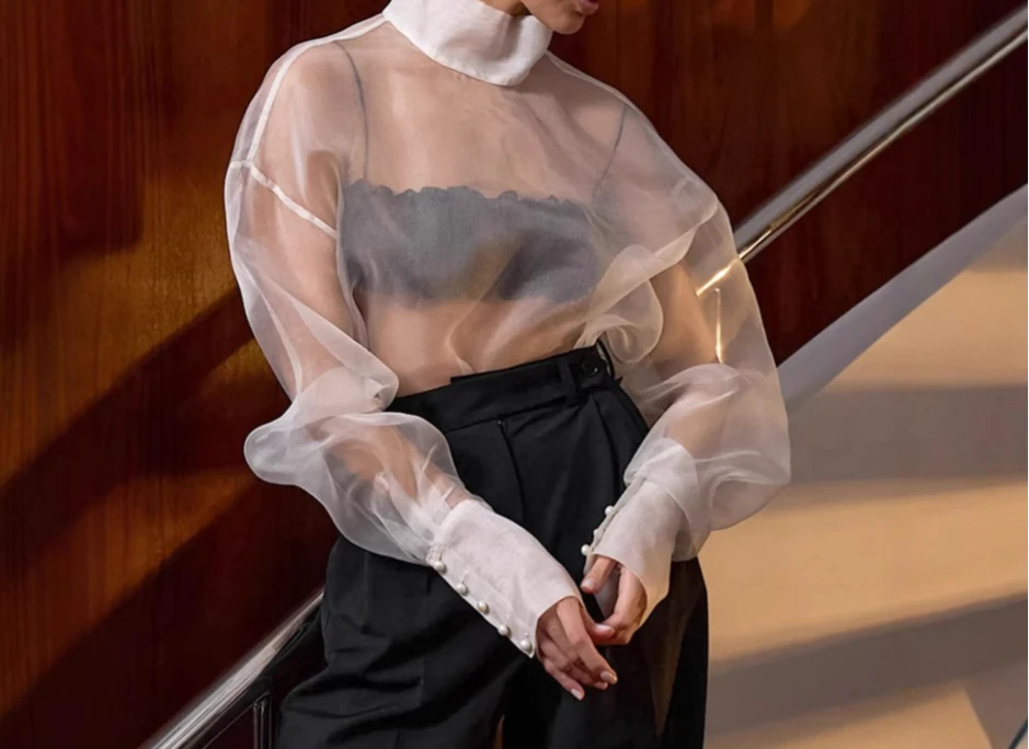 

Sexy Perspective White Mesh Shirt Women's 2026 Spring High-end Shirt Stand-up Collar Long-sleeved Top Women's Clothing