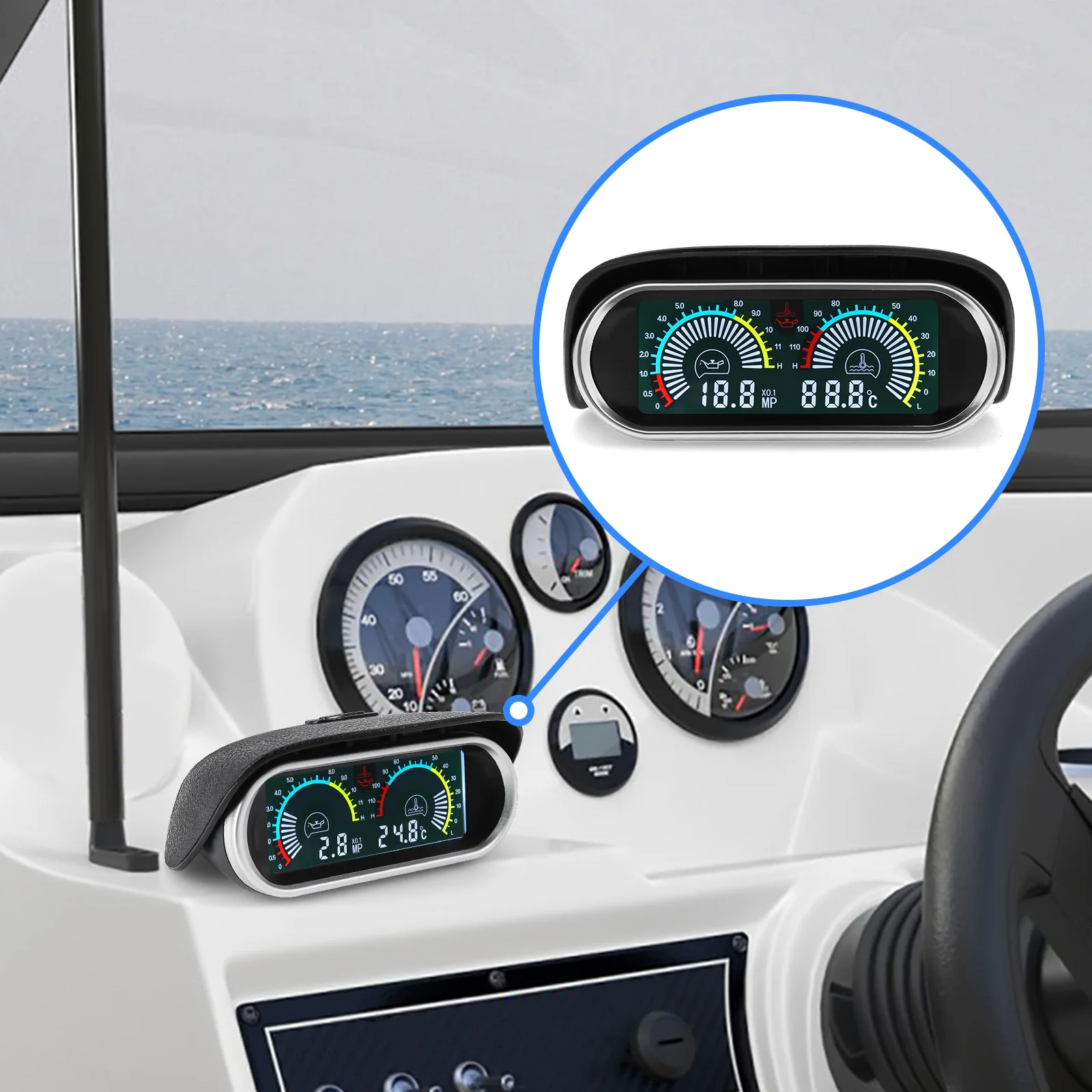 Car LCD 2In 1 Oil Pressure Gauge Water Temperature Meter Fuel Pressure Indicator with 1/8NPT Oil Press Sensor Adapter 26~40mm