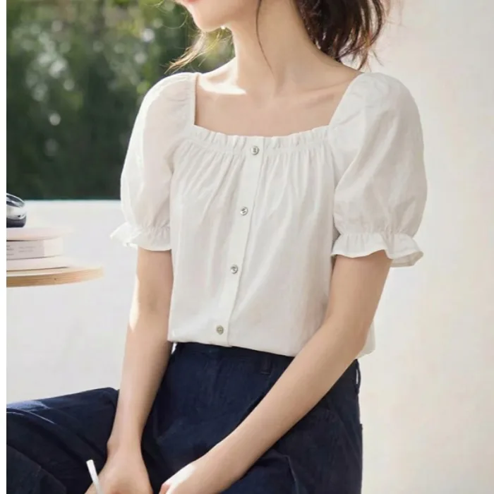 

Stunning Summer 2026 Square Collar Bubble Sleeve Pure Color Chiffon Top Elegant Quality Feel Women's Fashion Blouse