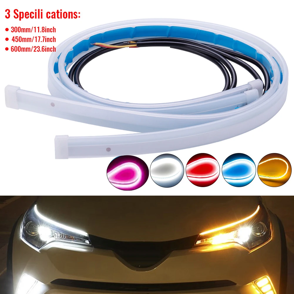 2pcs Car DRL Flexible Waterproof Headlight LED Strip Universal Auto Headlights RGB Turn Signal Yellow Brake Flow Lights 12V