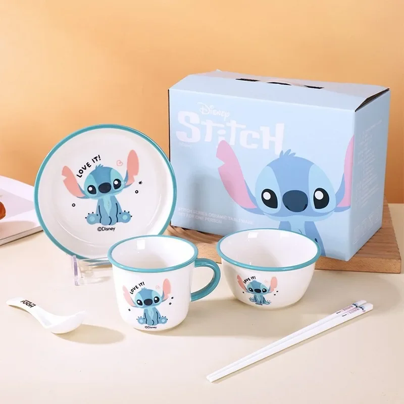 

Sanrio Kawaii Anime Stitch Children Bowl Plate Tableware Cute Cartoon Ceramic Spoons Chopsticks and Cups Set Gifts for Kids