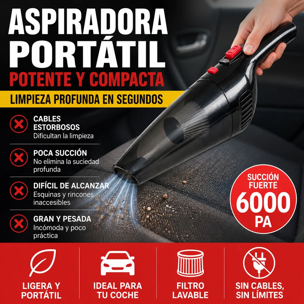Aspiradora de Mano Inalámbrica para Coche y Hogar, Succión Potente de 6000PA, Diseño Portátil Recargable mediante USB con Filtro Lavable y Kit de Accesorios de Limpieza Profunda