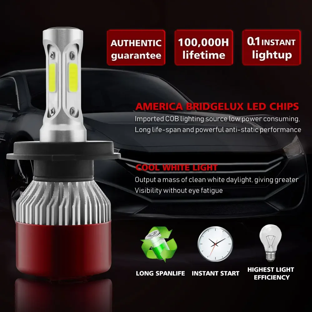 Car LED Headlight T8R H4 144W 14400LM Auto Headlamp COB LED Chips Light Bulb