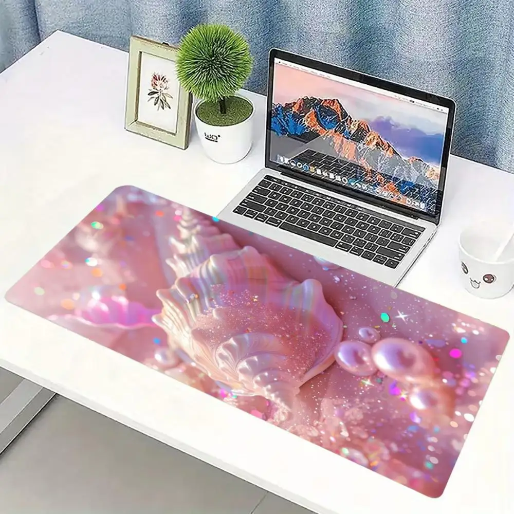 Pastel Starfish Seashell Large Gaming Desk Mat Non Slip Mousepad Stitched Edge Laptop Keyboard Coastal Design