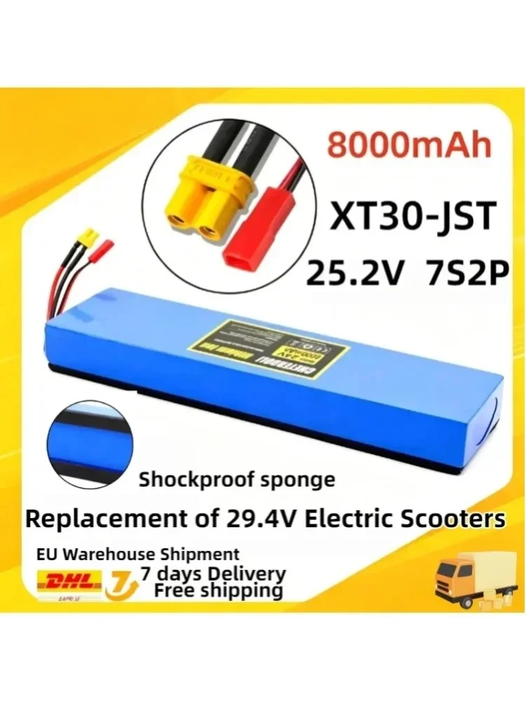 Hochwertiger Lithium-Ionen-Akku 8000 mAh 18650 7S2P 25,2 V mit stabilem Spannungsverlauf, langlebiger Ersatzakku, perfekt passend für Elektroroller mit einem Betriebsspannung von 29,4 V, robuste