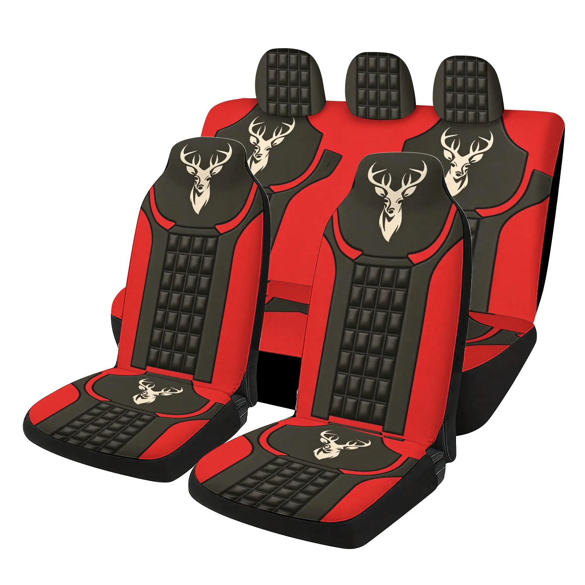 Red Deer Peace Checkered Pattern Printed All Season Universal 5-Seat Car Seat Cover Full Set With 2 Front Seats And 3 Headrest C