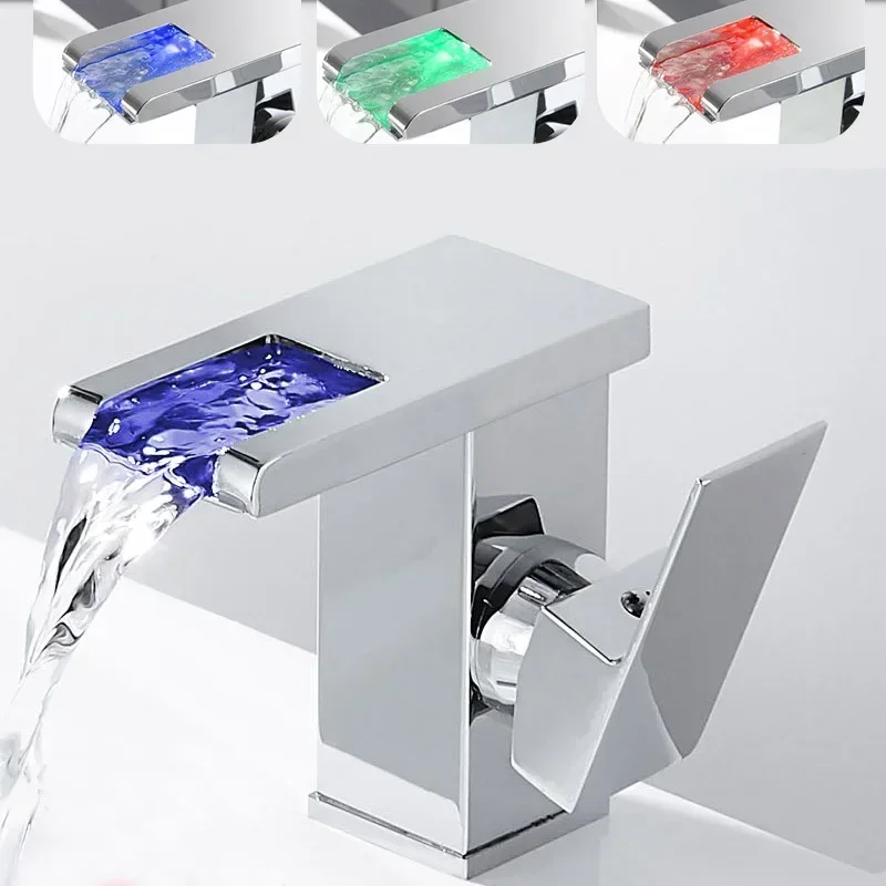 Brass LED Waterfall Bathroom Basin Faucet Cold Hot Water Mixer Crane Sink Tap Color Change Powered by Water Flow Faucets