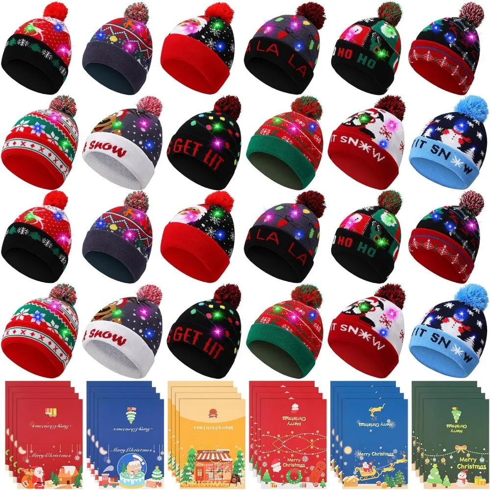 

48 Pcs LED Light up Christmas Beanie Hat Bulk and Christmas Greeting Card for Adult 24 Christmas Cap 24 Xmas Cards