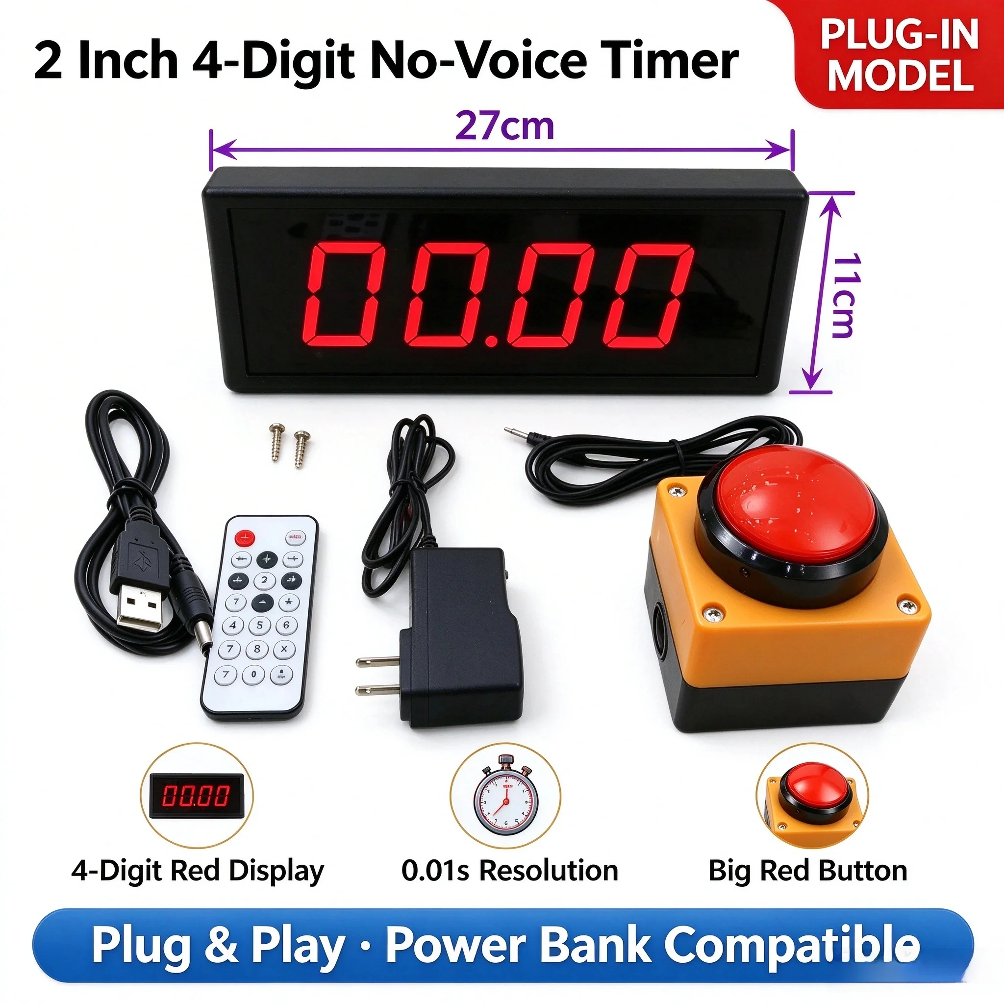 2 Inch 4 Digit LED Timer Countdown & Count Up Stopwatch with Push Button Remote Control for Game Competition Race