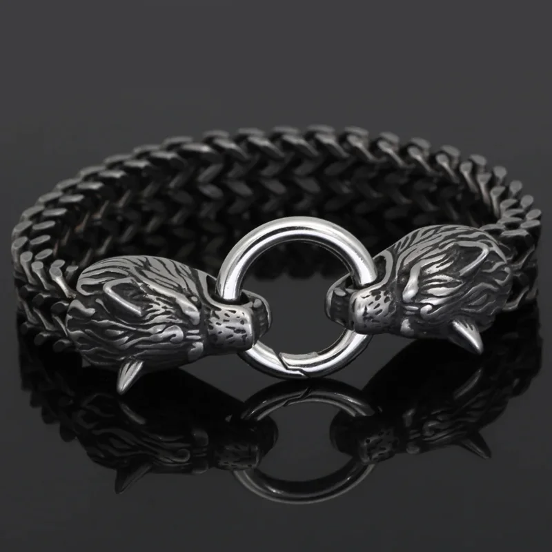 free shipping Viking Odin Wolf bracelet hip hop style head stainless steel men hand string charm anime punk couple steampunk