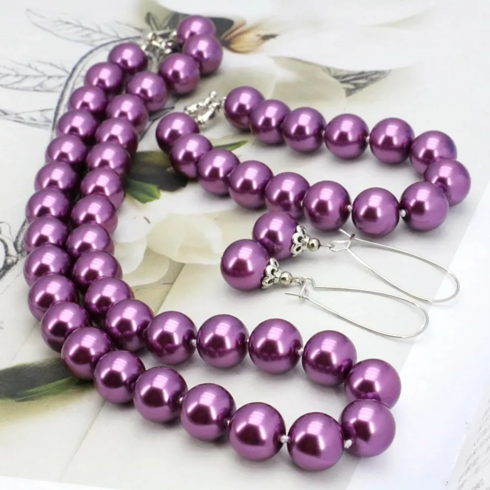 New Purple Glass Pearl Necklace Set 12mm Necklace 18\