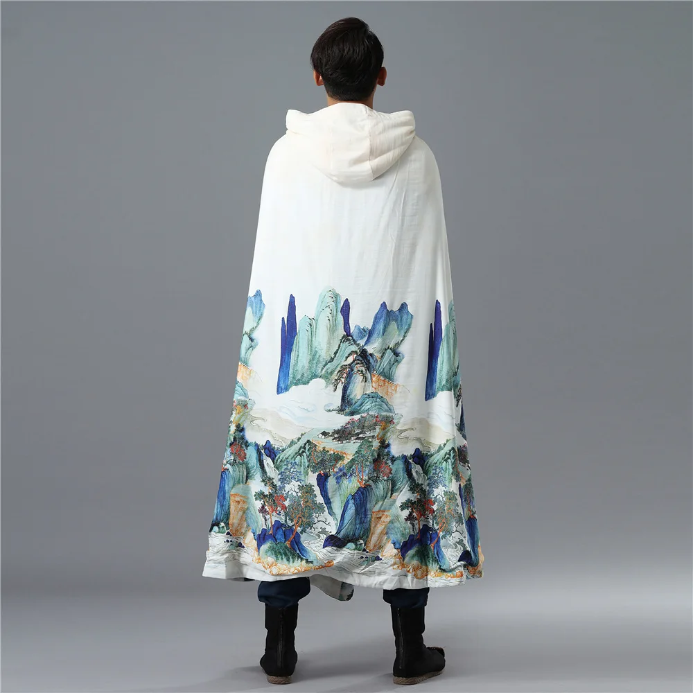 New Men's Fleece-Lined Cape Cloak Landscape Ethnic Style National Trench Coat