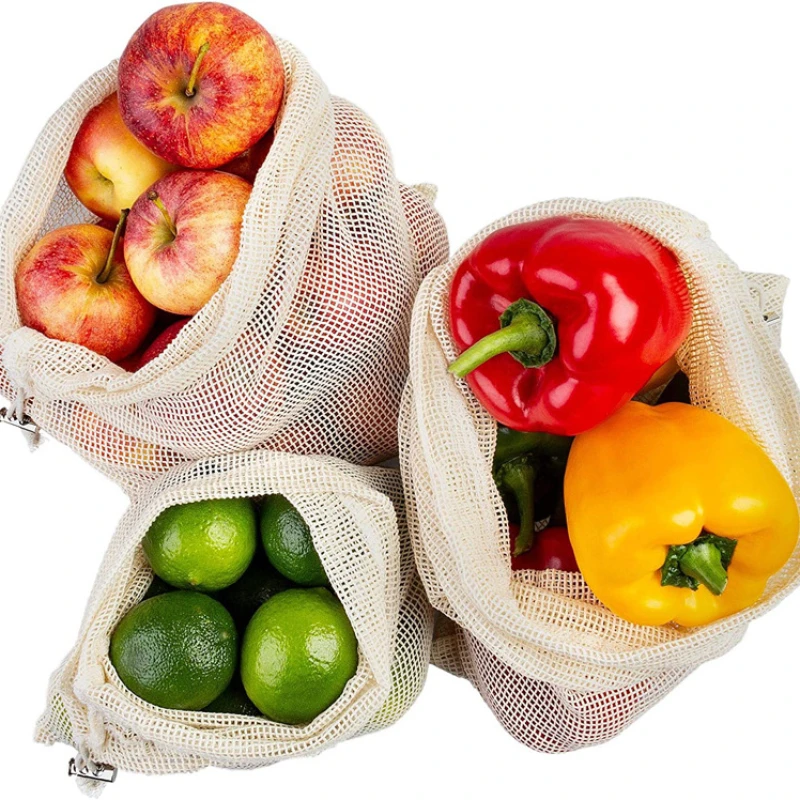 Reusable Cotton Mesh Vegetable Bags, Kitchen Storage Bag, Washable Drawstring Bags, Produce Fruit