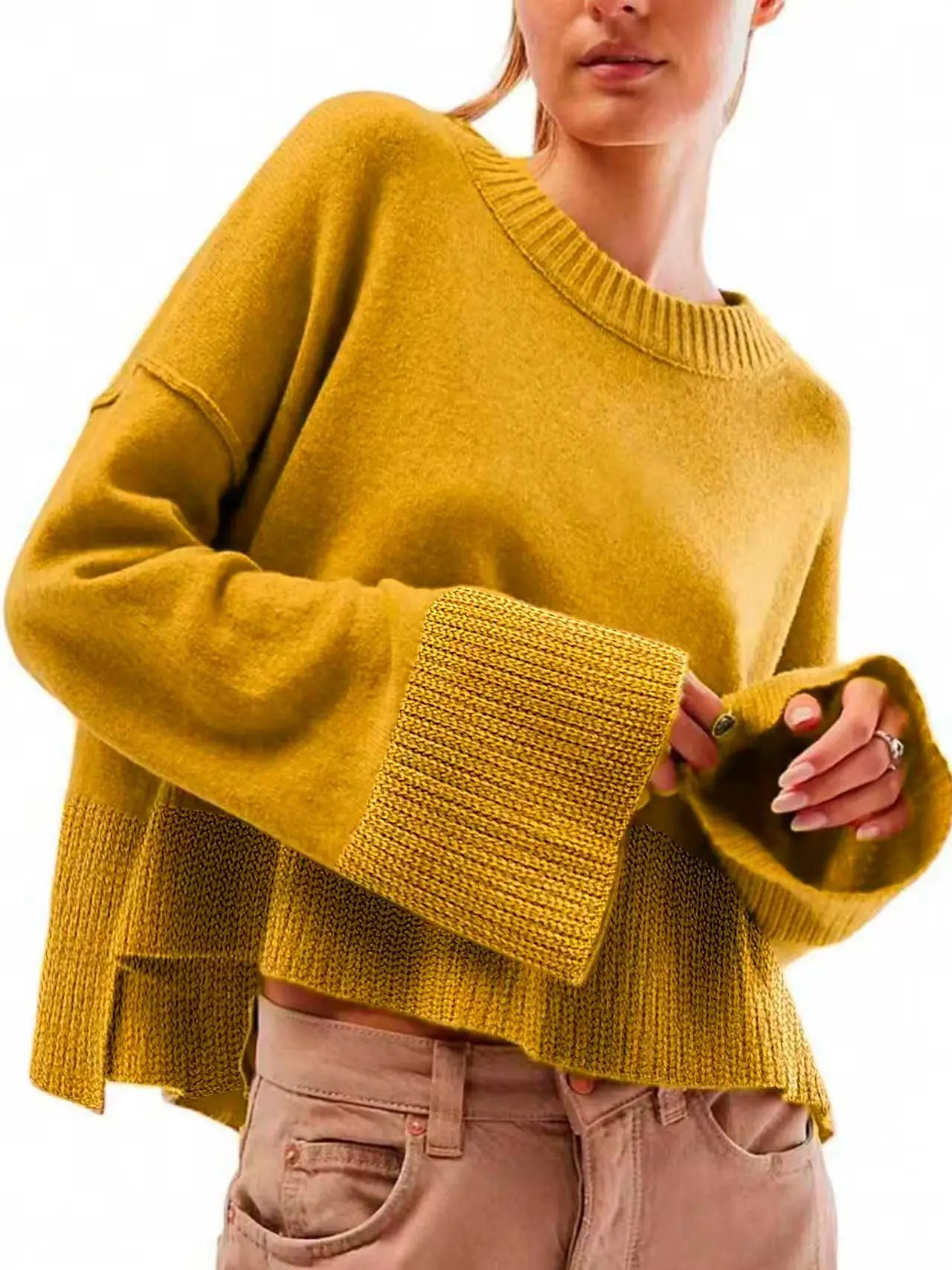 

Plus Size Women Knitted Sweater Crew Neck Drop Shoulder Loose Fit Ribbed Cuff Mustard Yellow Pullover