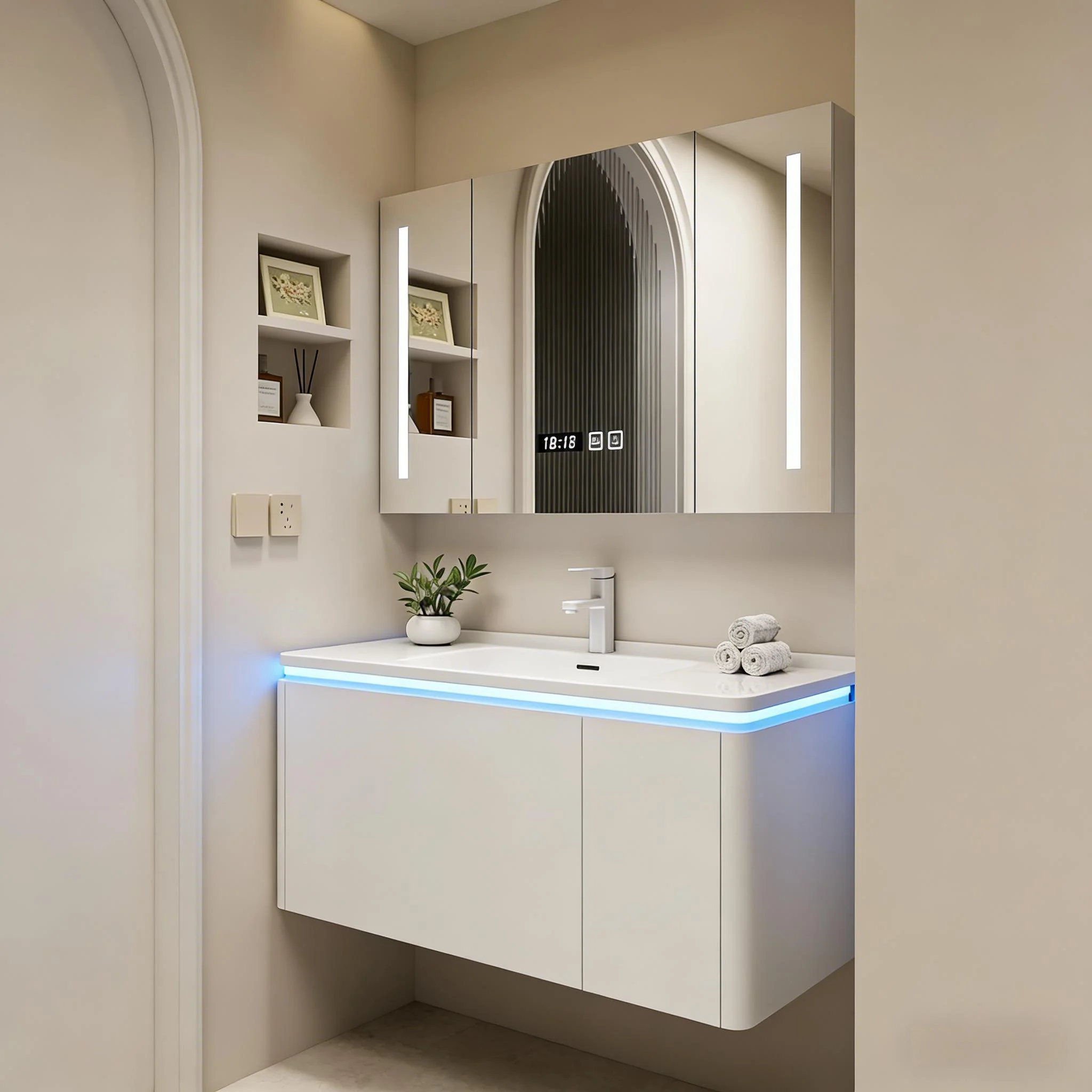 

Modern Quartz Vanity Counter Top Smart Mirror Bathroom Furniture Single Face Basin Sink with Wall Mounted Cabinet