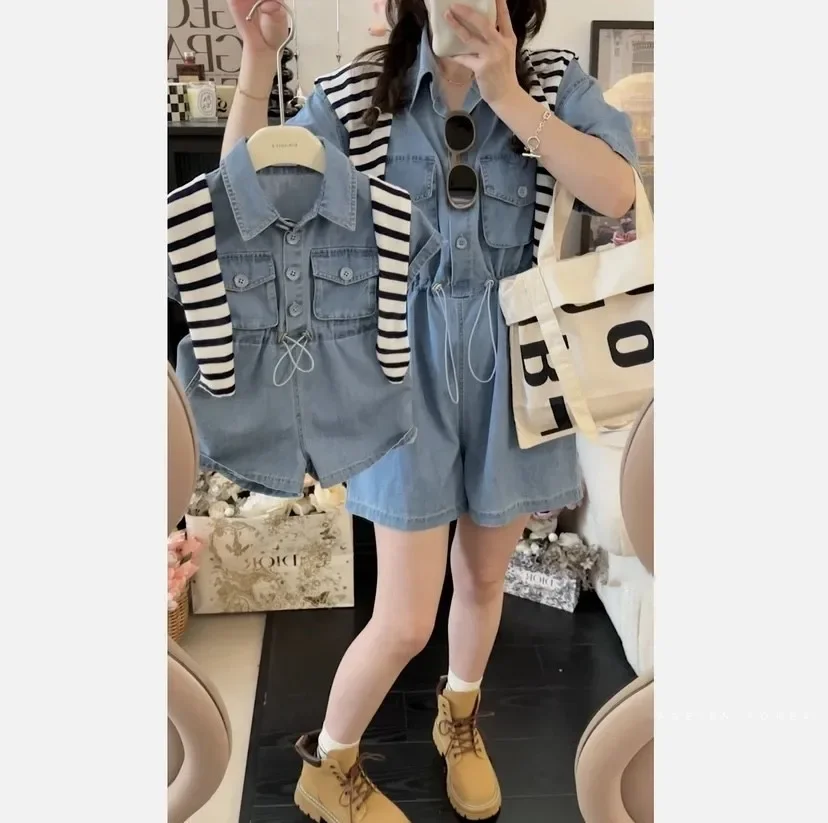 Family Matching Clothes Summer Denim Korean Mother Daughter Clothes Family Look Mother Kids Jumpsuits Mom Girl Boy Overalls