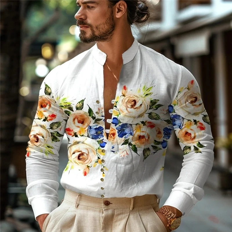

New 2026 men's long-sleeved shirt, 3D printed pattern, long sleeves and stand-up collar, fashionable and casual, soft fabric.
