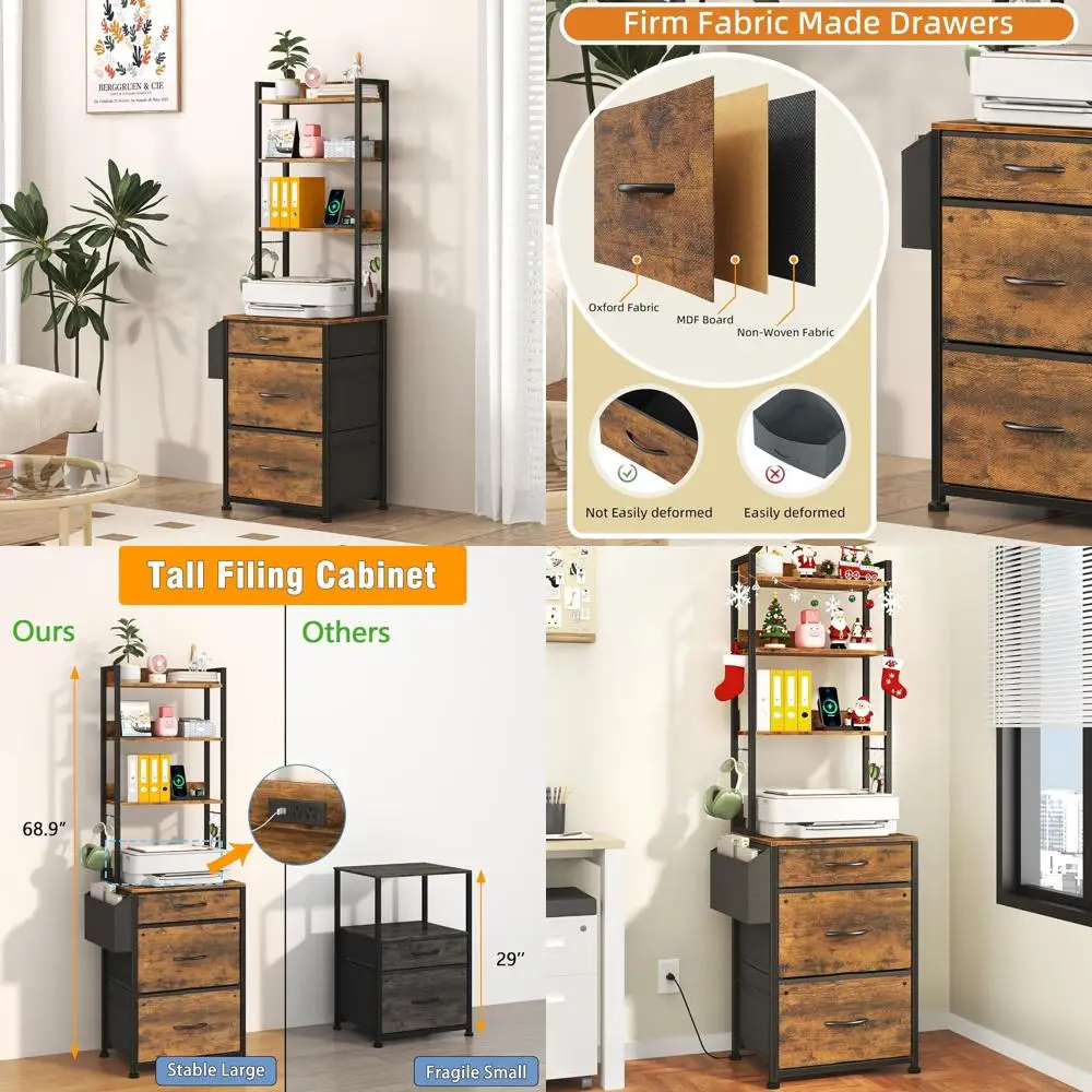 Rustic Brown 69 Tall 3-Drawer File Cabinet with Charging, Adjustable 4-Tier Filing, Fabric Drawers, Printer Stand for Home Offic