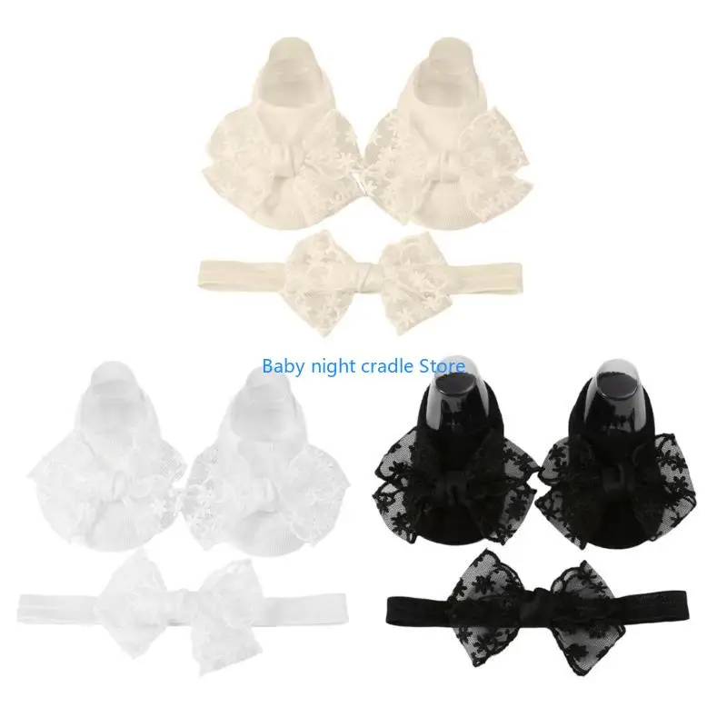 J2FF جورب أنبوب قصير مع مجموعة عصابات رأس الجوارب الطفل المألوف الحلو الدانتيل الانحناء تصاميم جوارب يمكن السير بها على الأرض #5