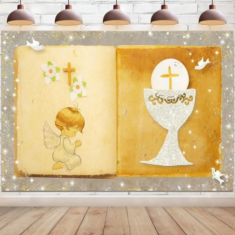 First Holy Communion Backdrop Angel Mi Bautizo Baptism Decoration Banner Flower Gold Cross Boho God Bless Photography Background