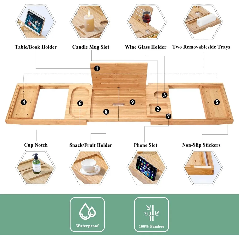صينية حوض استحمام من الخيزران قابلة للتوسيع مع حامل كتب وحامل صابون - ملحق مثالي لمحبي الاسترخاء #6