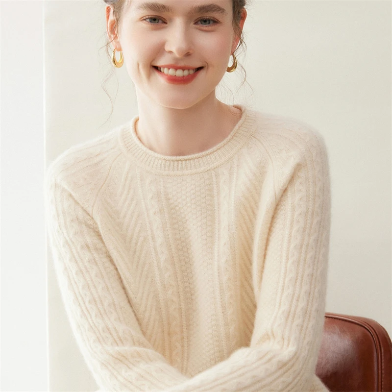 Nieuwe Chic Vrouwen 100% Kasjmier Trui Kabel Breien Krul O-hals Lange Mouw Trui Herfst Winter Dikke Zachte Kleding Tops