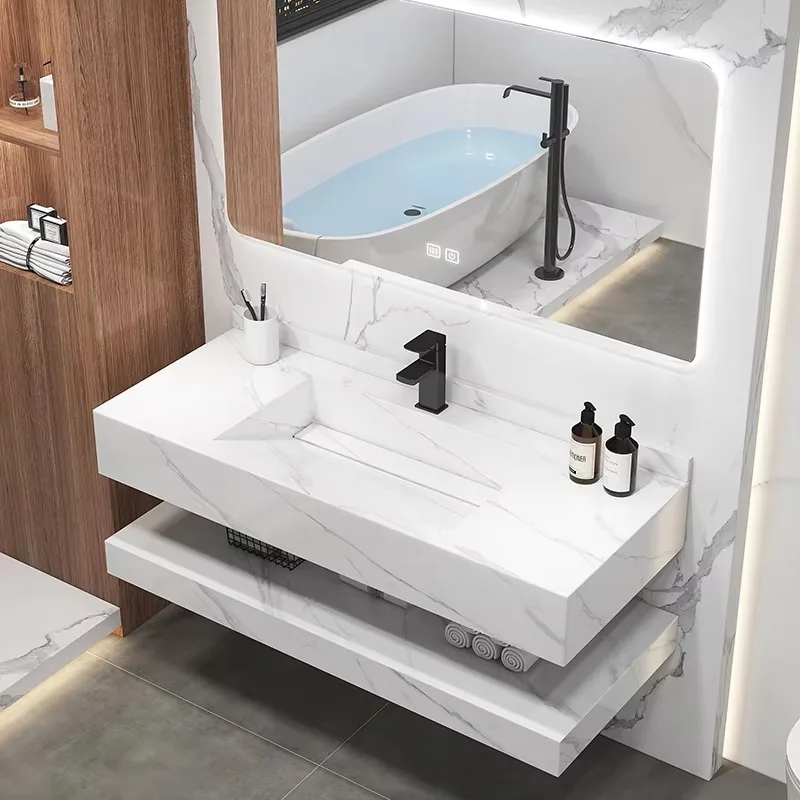 

Modern Double Floating Marbled Solid Surface Sink Hotel Bathroom Rectangular Integrated Wash Basin