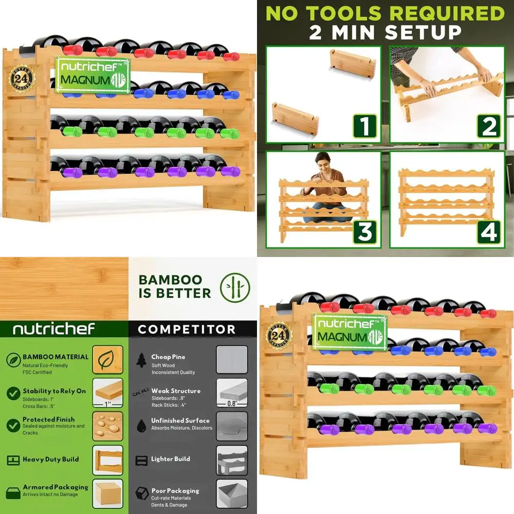 Sturdy Bamboo 24-Bottle Stackable Wine Rack with Thick Sides and Moisture Protection